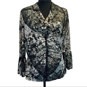 MELANIE Lyne Olive green ivory black multicoloured abstract wrap blouse Sz S